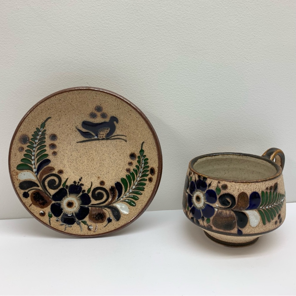 Vintage Mexican Handmade Tonala Netzi Sandstone Cup & Saucer